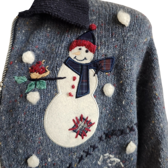 VTG Festive BP Design Embroidered Patchwork Blue Heather Zip Christmas Sweater M - Picture 10 of 15